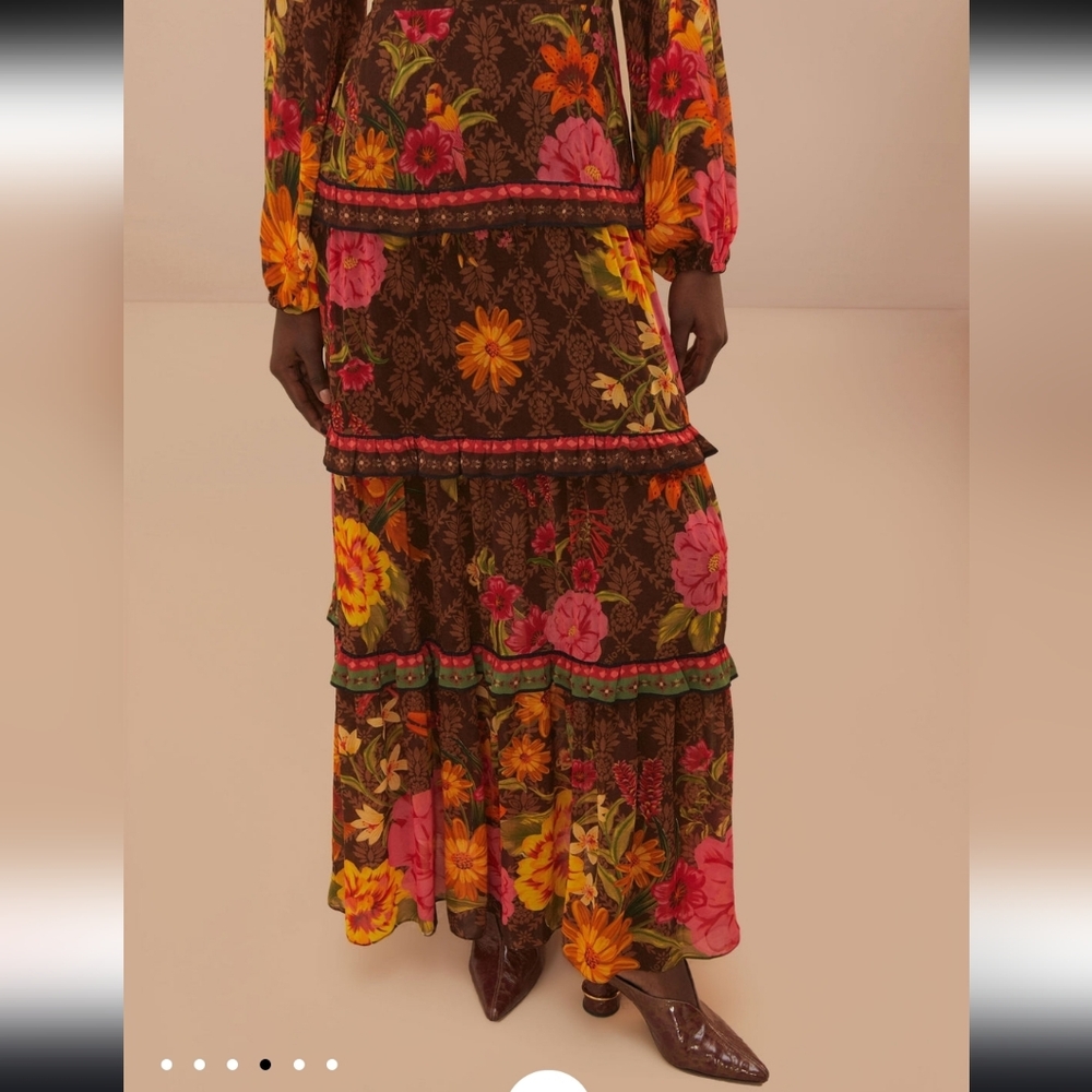 FARM Rio Brown Maxi Dress with Pink & Yellow Floral Print - Picture 3 of 5